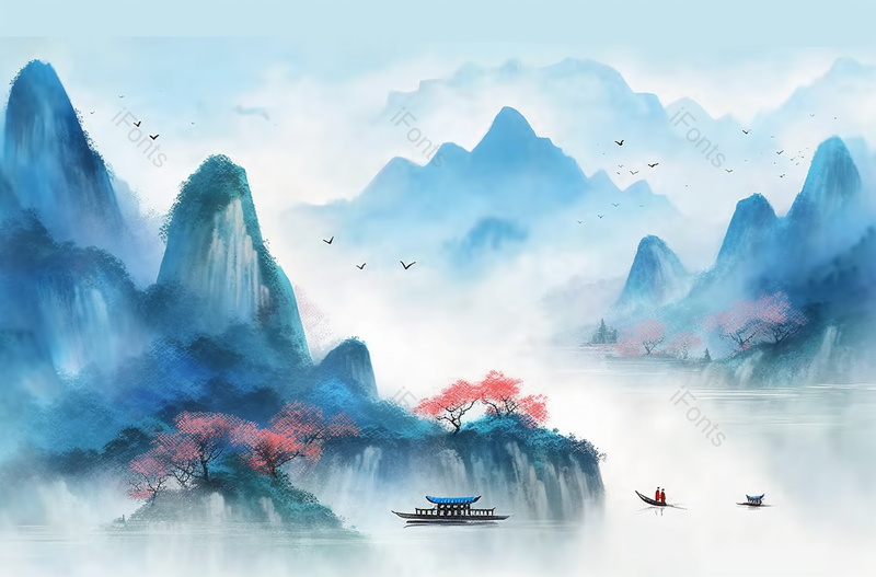新中式水上小舟风景画,插画/手绘图,插画/手绘图库,插画/手绘图下载,插画/手绘